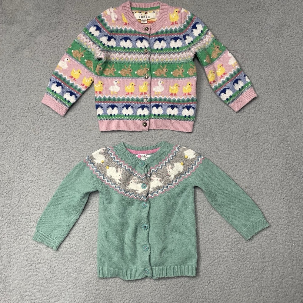Baby Boden Cardigan Sweater Unisex 18-24M Pink Green Fair Isle Bunny Sheep Duck